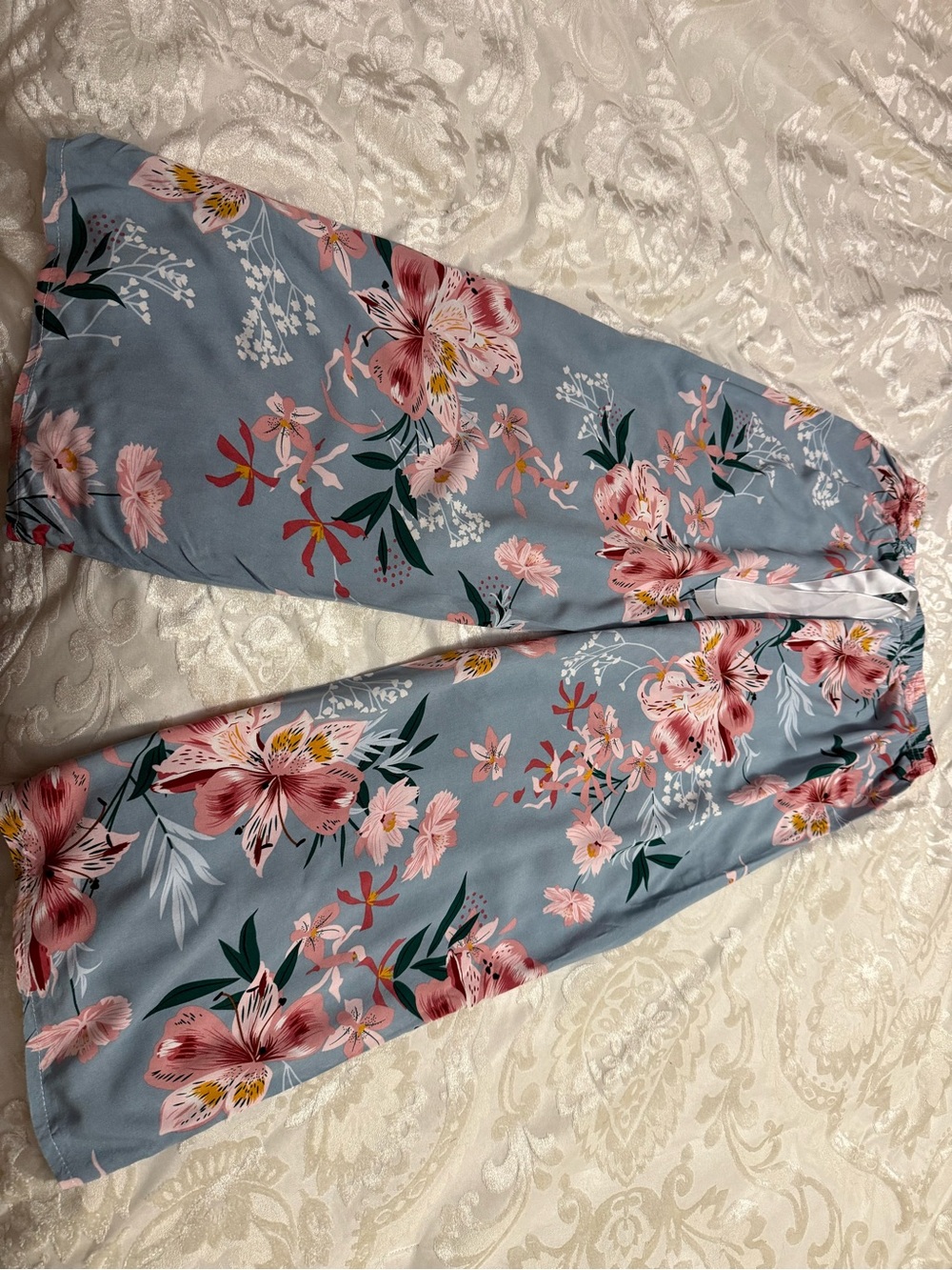Floral Wide-Leg Pants in Dusty Blue and Pink